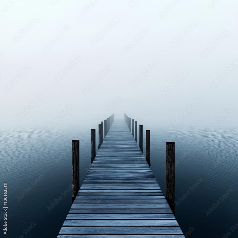 Dense fog enveloping old wooden pier, tranquil waters, 3D illustration Dense fog enveloping old wooden pier, tranquil waters, 3D illustration
