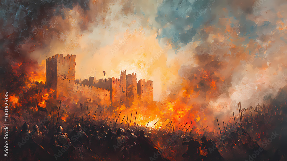 Naklejka premium High-angle view of a medieval castle siege, detailed oil painting style, vivid colors, dramatic sky, knights in armor clashing, roaring fires, billowing smoke. Medieval Castle Siege. Illustration