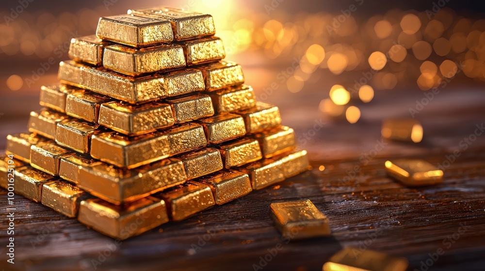 A stack of gold bars forming a pyramid on a wooden surface with a glowing background. A stack of gold bars forming a pyramid on a wooden surface with a glowing background.