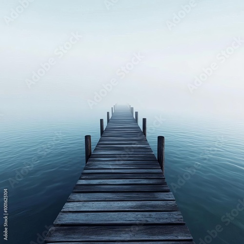 Dense fog enveloping old wooden pier, tranquil waters, 3D illustration