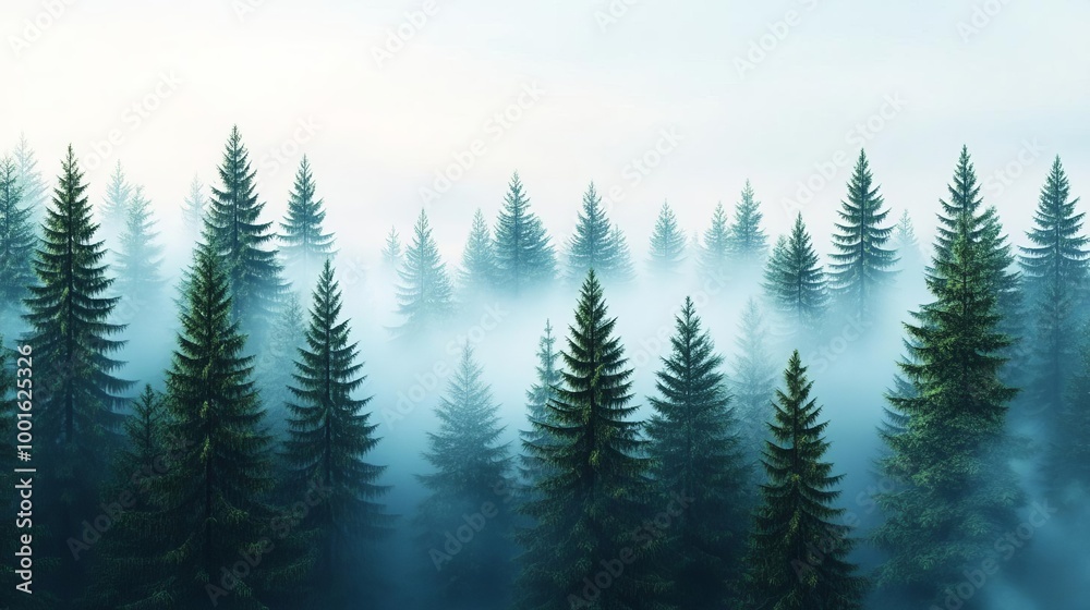 Fototapeta premium Dense pine forest, fog drifting between the trees, 3D illustration