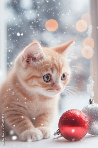 Playful orange kitten exploring festive decorations during winter holiday season