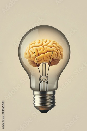 Unique light bulb design featuring a brain shape inside on a soft peach backg...