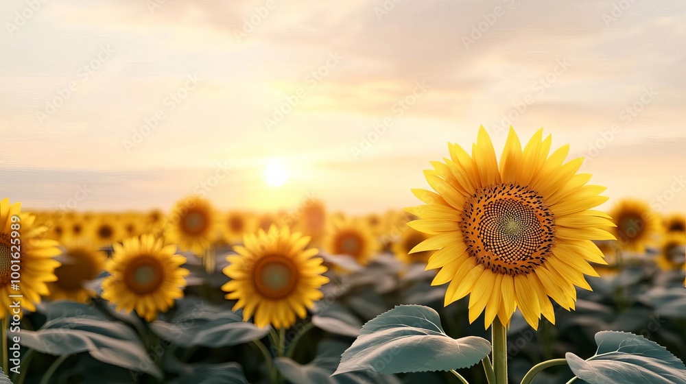 Obraz premium Drifting fog over a sunflower field, golden light, 3D illustration