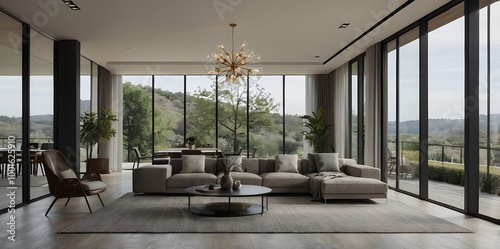 Beautiful living room interior in new luxury home with open concept floor plan. Shows kitchen, dining room, and wall of windows with amazing exterior view