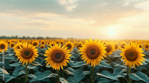 Drifting fog over a sunflower field, golden light, 3D illustration