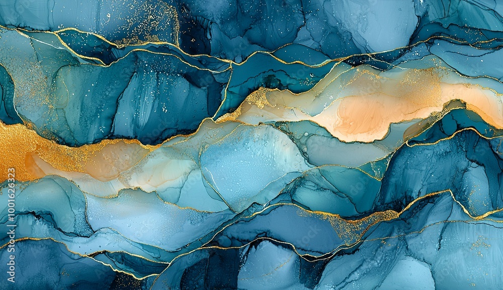 Naklejka premium Alcohol ink with thin gold pen outlines, an abstract fantasy landscape with...