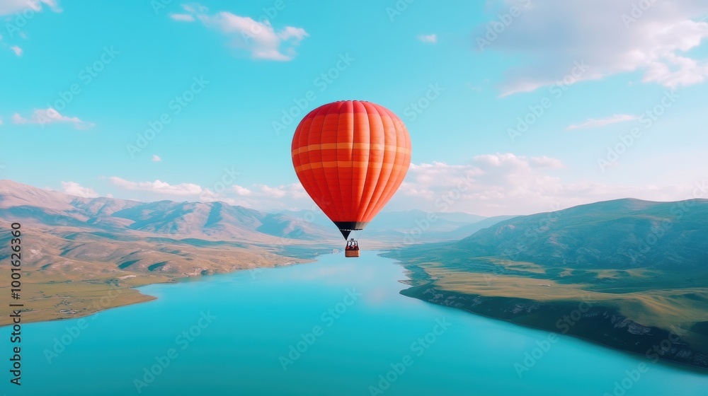 Obraz premium A family enjoying a hot air balloon ride over breathtaking scenery, highlighting their sense of adventure and togetherness.