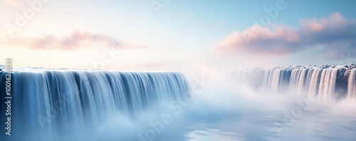 Drifting fog over serene waterfall, mystical energy, 3D illustration