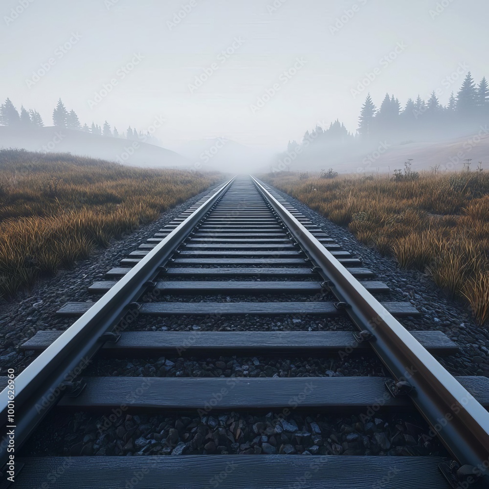 Fototapeta premium Fog drifting over abandoned train tracks, mysterious path, 3D illustration