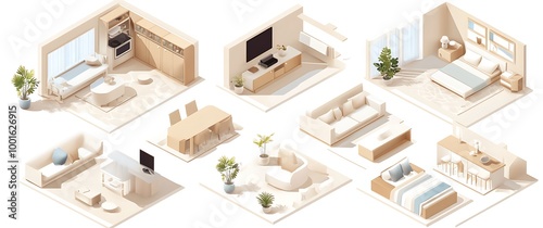 Isometric View Interior Design Home Decor Furniture Set