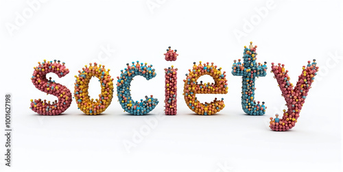 Illustrative conceptual representation of the word society formed from persons and people, the center of society photo