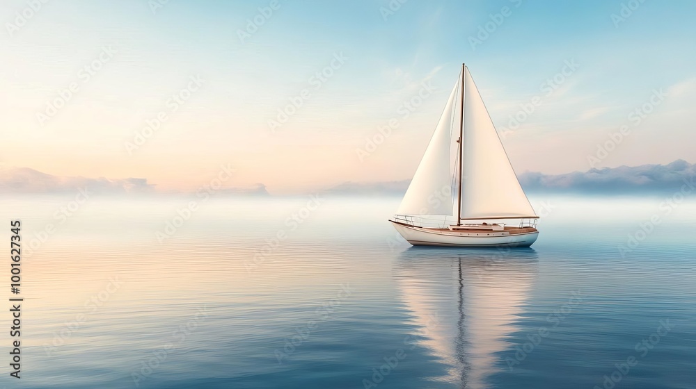 Fototapeta premium Fog drifting over sailboat in calm sea, distant horizon, 3D illustration