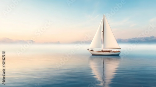 Fog drifting over sailboat in calm sea, distant horizon, 3D illustration