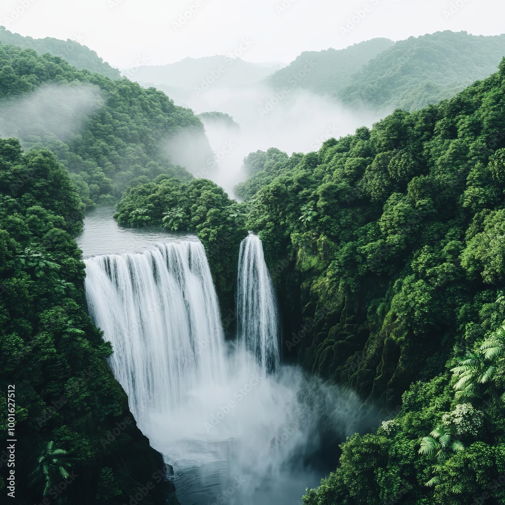 Fototapeta premium Fog drifting over waterfall, lush greenery, 3D illustration