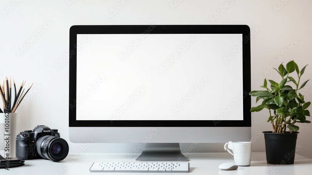 Fototapeta premium Modern White Desk with Blank Computer Screen