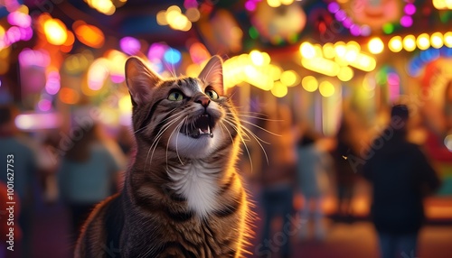 Joyful cat adoption at a vibrant fun fair with a festive atmosphere, capturing the spirit of community and love for pets photo