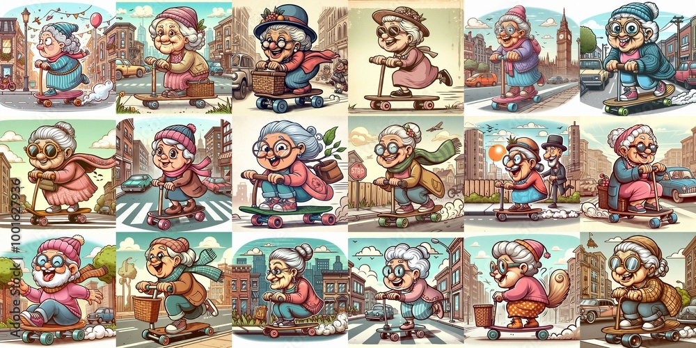 Obraz premium Funny granny ride board. AI generated illustration