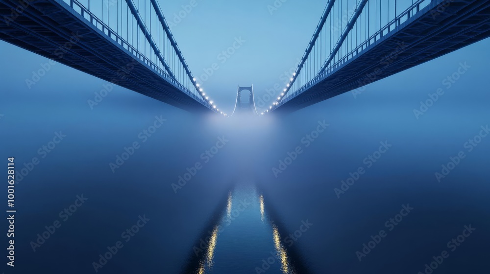Obraz premium Fog enveloping bridge, river below, mysterious vibe, 3D illustration