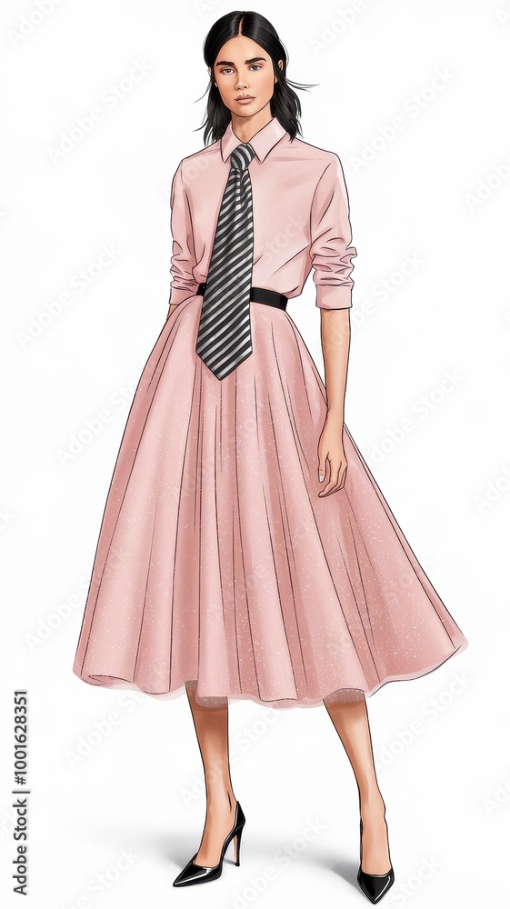 Chic Fashion Illustration of a Pink Dress with Tie Chic Fashion Illustration of a Pink Dress with Tie