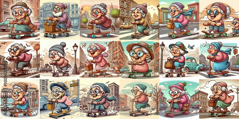 Obraz premium Funny granny ride board. AI generated illustration