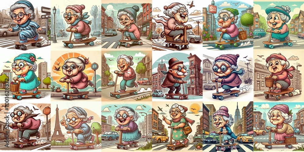 Funny granny ride board. AI generated illustration Funny granny ride board. AI generated illustration