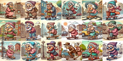 Funny granny ride board. AI generated illustration