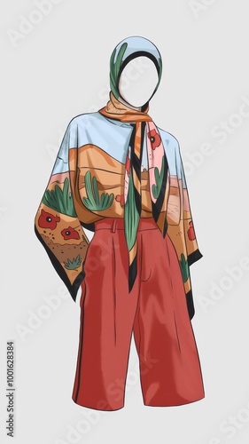 Chic Fashion Illustration with Scarf and Bold Shorts