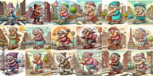 Funny granny ride board. AI generated illustration