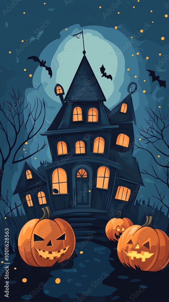Halloween spooky haunted house, pumpkin bat night moon vector design card Halloween spooky haunted house, pumpkin bat night moon vector design card