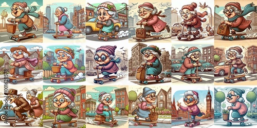 Funny granny ride board. AI generated illustration