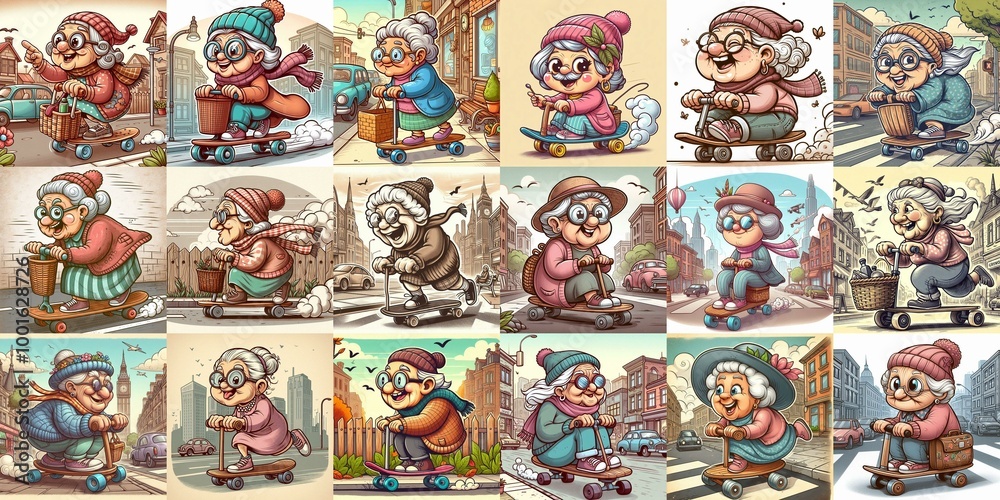 Funny granny ride board. AI generated illustration Funny granny ride board. AI generated illustration