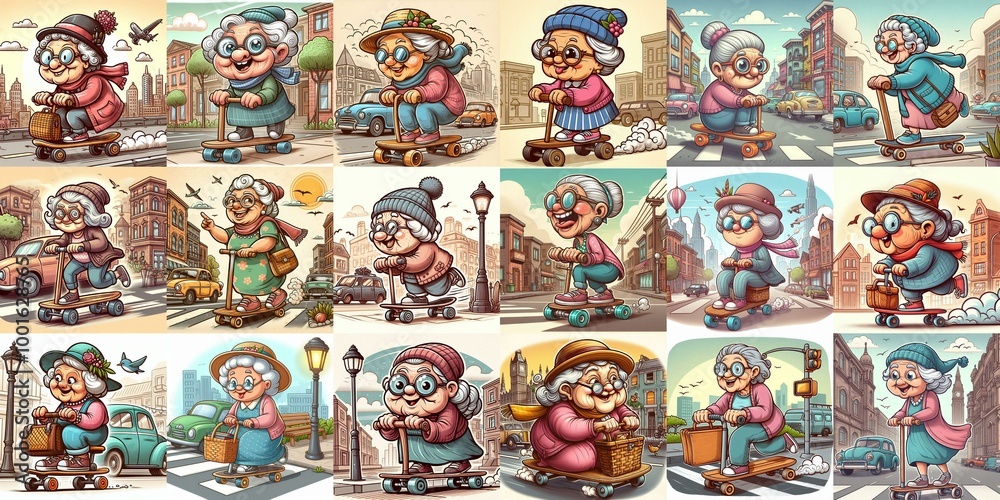 Naklejka premium Funny granny ride board. AI generated illustration