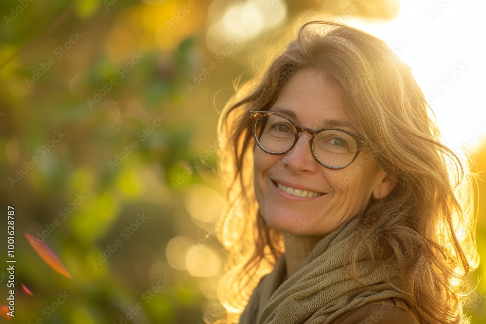 Smiling Woman in Glasses with Sunlight on Her Face Smiling Woman in Glasses with Sunlight on Her Face