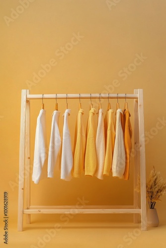 Colorful display of yellow and white garments arranged on a wooden rack again...