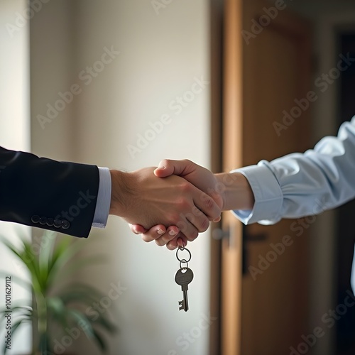 Real Estate Agent Handing Key to New Homeowner After Signing Lease Agreement – Stock Photo