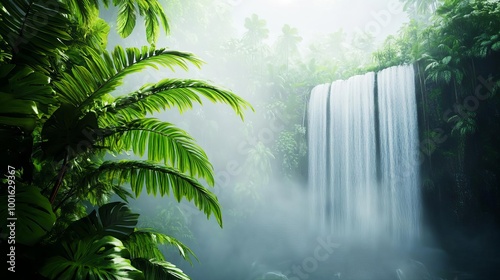 Forest waterfall with drifting fog, lush greenery, 3D illustration