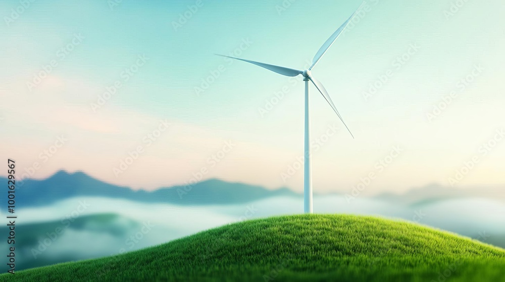 Obraz premium Grassy hill with drifting fog, windmill turning slowly, 3D illustration