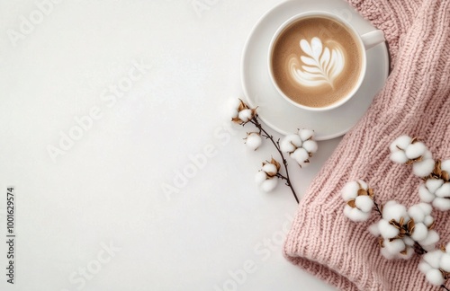 Cozy autumn setup with a pink sweater, coffee, and cotton on a white background