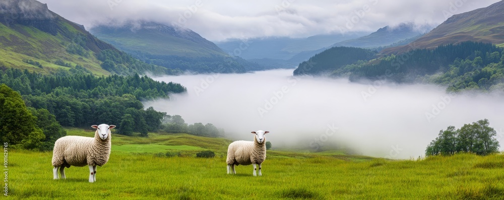Obraz premium Highland valley with drifting fog, sheep grazing, 3D illustration