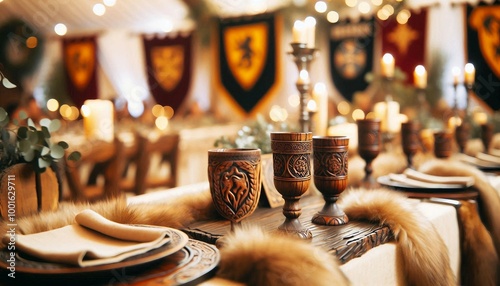 A beautifully decorated medieval banquet table featuring intricately designed goblets, fur accents, and candelabras in an opulent setting with heraldic banners and a warm ambiance.

 photo