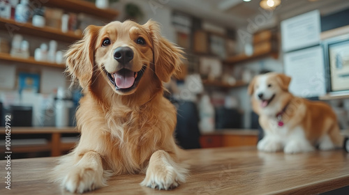 A golden retriever dog smiles and looks at the camera, while a second dog sits behind the counter. photo