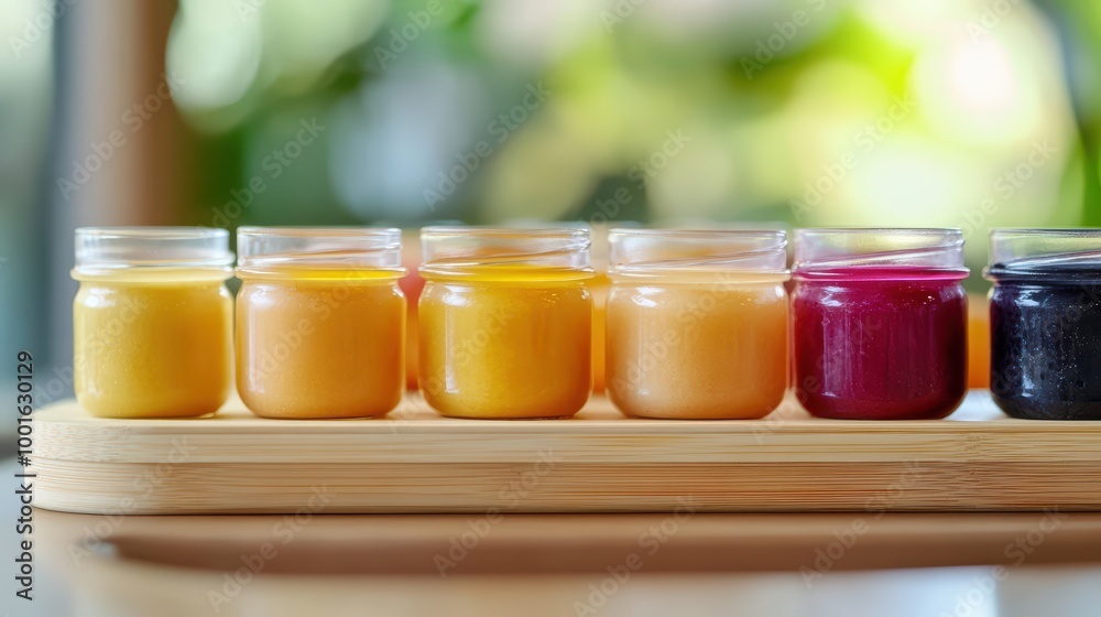 Colorful jars of various fruit purees on a wooden board, natural light ambiance. Colorful jars of various fruit purees on a wooden board, natural light ambiance.