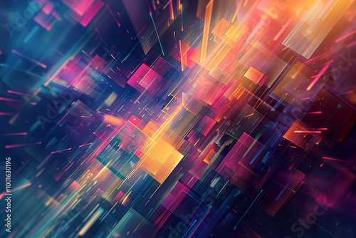 A colorful  abstract painting with a blue  red  and yellow line. 