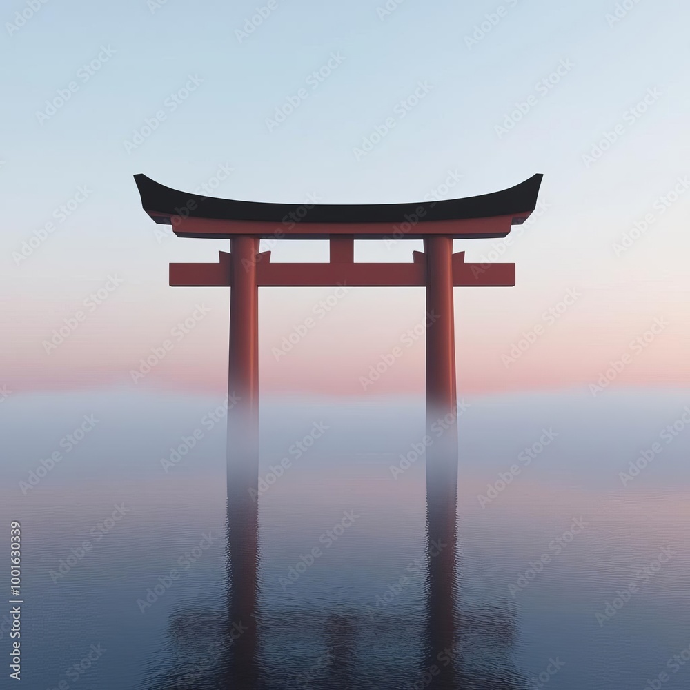 Japanese torii gate in drifting fog, tranquil atmosphere, 3D illustration Japanese torii gate in drifting fog, tranquil atmosphere, 3D illustration