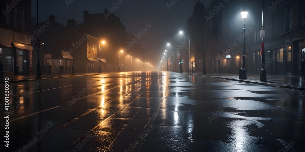 A wet, empty city street at night with street lamps illuminating the scene, creating reflections on the wet pavement A wet, empty city street at night with street lamps illuminating the scene, creating reflections on the wet pavement