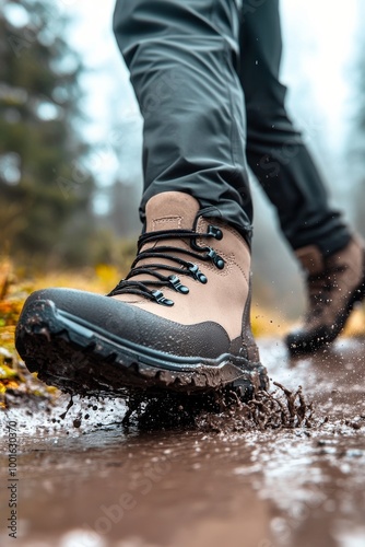 A person steps through a muddy trail with sturdy hiking boots in a lush green...
