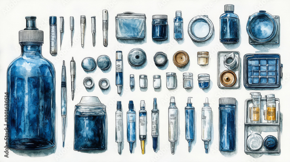 Watercolor illustration of a collection of blue bottles, jars, and other containers.