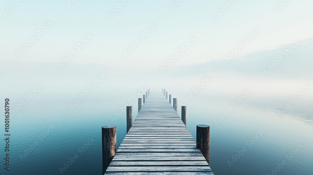 Fototapeta premium Lonely pier with drifting fog, quiet lake, 3D illustration