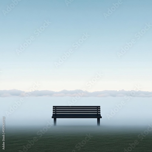 Lonely bench surrounded by drifting fog, quiet park, 3D illustration